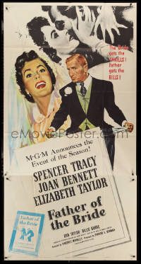 3y0160 FATHER OF THE BRIDE 3sh 1950 art of Liz Taylor in wedding gown & broke Spencer Tracy!