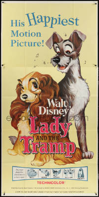 3y0169 LADY & THE TRAMP 3sh R1962 classic cartoon, Disney's happiest motion picture, great dog image!