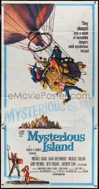 3y0173 MYSTERIOUS ISLAND 3sh 1961 Ray Harryhausen, Jules Verne sci-fi, cool hot-air balloon image!