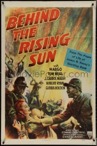 3y0757 BEHIND THE RISING SUN 1sh 1943 Tom Neal, Dmytryk, WWII propaganda, woman grabbed by soldiers!