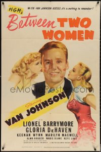 3y0761 BETWEEN TWO WOMEN 1sh 1945 art of Van Johnson being kissed by DeHaven and Maxwell, rare!