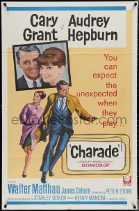 3y0792 CHARADE 1sh 1963 art of tough Cary Grant & sexy Audrey Hepburn, expect the unexpected!