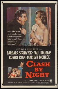 3y0793 CLASH BY NIGHT 1sh 1952 Fritz Lang, art of Barbara Stanwyck, Douglas & Marilyn Monroe shown!