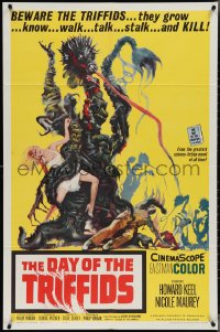 3y0809 DAY OF THE TRIFFIDS 1sh 1962 classic English sci-fi horror, cool art of monster with girl!