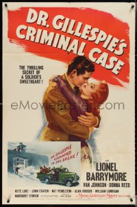 3y0824 DR. GILLESPIE'S CRIMINAL CASE 1sh 1943 art of soldier Michael Duane romancing Donna Reed!