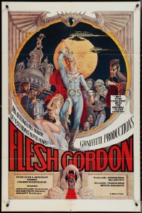 3y0845 FLESH GORDON 1sh 1974 sexy sci-fi spoof, wacky erotic super hero art by George Barr!