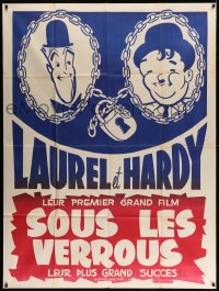 3y0074 PARDON US French 1p R1950s different art of Stan Laurel & Oliver Hardy in chains w/ lock!