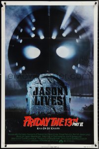 3y0851 FRIDAY THE 13th PART VI 1sh 1986 Jason Lives, cool image of huge hockey mask over tombstone!