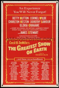 3y0877 GREATEST SHOW ON EARTH 1sh 1952 James Stewart, Betty Hutton, list of circus headliners!