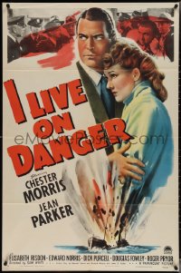 3y0903 I LIVE ON DANGER 1sh 1942 artwork of Chester Morris & Jean Parker, exploding ship!