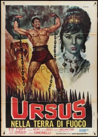 3y0114 URSUS IN THE LAND OF FIRE Italian 1p R1970s Stefano art of strongman Ed Fury lifting boulder!