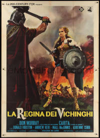 3y0096 VIKING QUEEN Italian 2p 1967 Hammer, different art of sexy Carita with sword & shield!