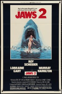 3y0916 JAWS 2 1sh 1978 great classic art of giant shark attacking girl on water skis by Lou Feck!