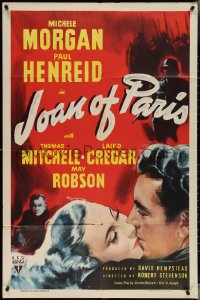 3y0919 JOAN OF PARIS 1sh 1942 artwork of Michele Morgan kissing Paul Henreid!