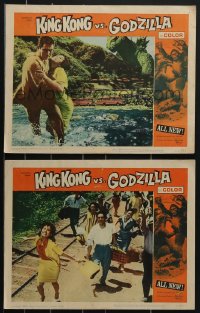 3y0733 KING KONG VS. GODZILLA 2 LCs 1963 couple running away from monster behind + people on tracks!