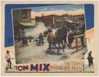 3y0663 TEXAS BAD MAN LC 1932 great far shot of cowboy Tom Mix & bad guys in shootout on the street!