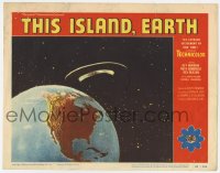 3y0666 THIS ISLAND EARTH LC #5 1955 cool image of alien flying saucer in space hovering over Earth!