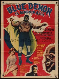 3y0380 DEMONIO AZUL Mexican poster 1965 wonderful art of Mexican masked wrestler Blue Demon!