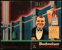 3y0425 BUDWEISER 7x11 menu cover 1940s cool deco art of waiter serving the King of bottled Beer!