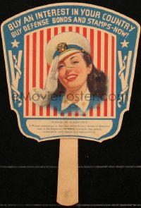 3y0429 BUY AN INTEREST IN YOUR COUNTRY war hand fan 1940s art of uniformed female saluting, WWII!