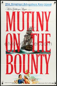 3y0975 MUTINY ON THE BOUNTY teaser 1sh 1962 Marlon Brando, cool full-length art of the ship at sea!