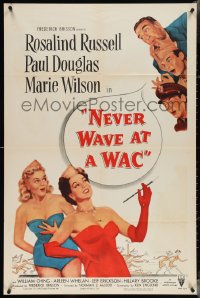 3y0981 NEVER WAVE AT A WAC 1sh 1953 art of guys whistling at Rosalind Russell & Marie Wilson!