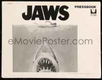 3y0367 JAWS pressbook 1975 art of Spielberg's classic man-eating shark attacking naked swimmer!