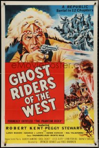 3y1015 PHANTOM RIDER 1sh R1954 Republic serial, Native American w/gun, Ghost Riders of the West!