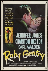 3y1034 RUBY GENTRY 1sh 1953 art of bad girl Jennifer Jones full-length & kissing Charlton Heston!