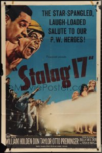 3y1067 STALAG 17 1sh 1953 William Holden, Robert Strauss, Billy Wilder directed WWII POW classic!