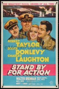 3y1069 STAND BY FOR ACTION style C 1sh 1943 art of Navy sailors Robert Taylor, Laughton & Donlevy!