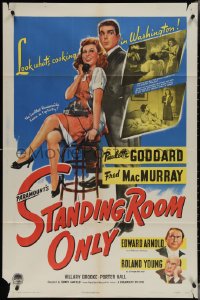 3y1070 STANDING ROOM ONLY 1sh 1944 art of housemaid Paulette Goddard held by Fred MacMurray!