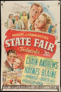 3y1073 STATE FAIR 1sh 1945 art of Jeanne Crain & Dana Andrews, Rodgers & Hammerstein!