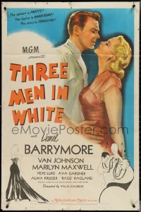 3y1098 THREE MEN IN WHITE 1sh 1944 Barrymore, Van Johnson, sexy Marilyn Maxwell, Hirschfeld art!