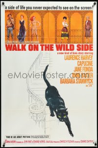 3y1125 WALK ON THE WILD SIDE 1sh 1962 cool artwork of black cat on stairs & sexy stars on balcony!