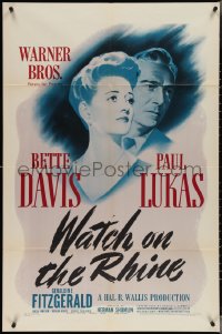 3y1129 WATCH ON THE RHINE 1sh 1943 Bette Davis & Paul Lukas, by Dashiell Hammett & Lillian Hellman!