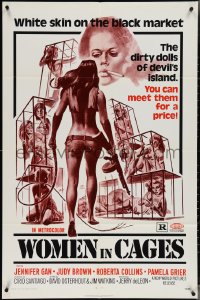 3y1142 WOMEN IN CAGES 1sh 1971 Joe Smith art of sexy caged girls behind bars, warden Pam Grier!