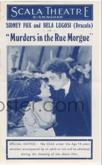 3y1250 MURDERS IN THE RUE MORGUE local theater English program 1932 Bela Lugosi, Sidney Fox & ape!