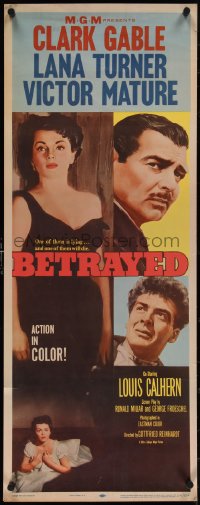 3z0477 BETRAYED insert 1954 art of Clark Gable, Victor Mature & sexy brunette Lana Turner!