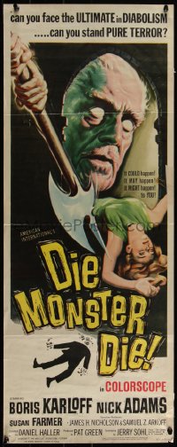 3z0484 DIE, MONSTER, DIE insert 1965 AIP, cool artwork of Boris Karloff, the ultimate in diabolism!