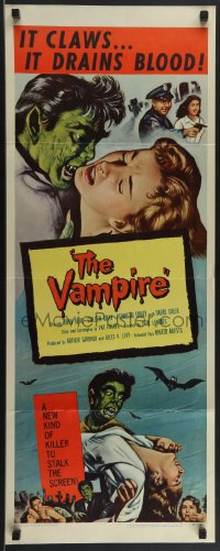 3z0527 VAMPIRE insert 1957 John Beal, it claws, it drains blood, cool art of monster & victim!