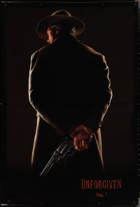 3z1026 UNFORGIVEN teaser 1sh 1992 image of gunslinger Clint Eastwood w/back turned, dated design!