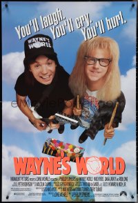 3z1033 WAYNE'S WORLD 1sh 1991 Mike Myers, Dana Carvey, one world, one party, excellent!