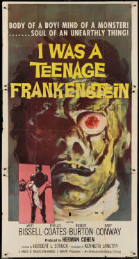 4b0243 I WAS A TEENAGE FRANKENSTEIN 3sh 1957 wonderful close up art of monster + with girl, rare!