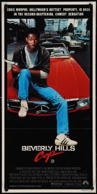 4b0342 BEVERLY HILLS COP Aust daybill 1985 great image of cop Eddie Murphy sitting on Mercedes!