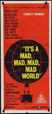 4b0385 IT'S A MAD, MAD, MAD, MAD WORLD Aust daybill 1964 art of balloon & case full of money!