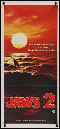 4b0387 JAWS 2 teaser Aust daybill 1978 classic art of man-eating shark's fin in red water at sunset!