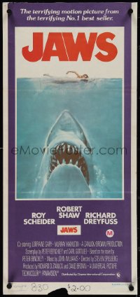 4b0386 JAWS Aust daybill 1975 Roger Kastel art of Spielberg's man-eating shark attacking sexy swimmer!