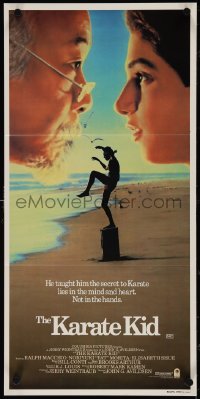 4b0389 KARATE KID Aust daybill 1984 Pat Morita & Ralph Macchio face off, white title style!