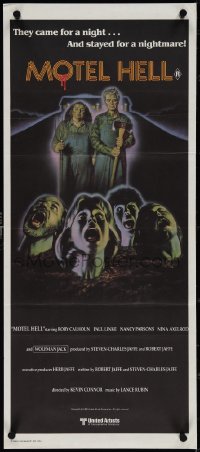 4b0407 MOTEL HELL Aust daybill 1980 wild horror art, they came for a night, stayed for a nightmare!